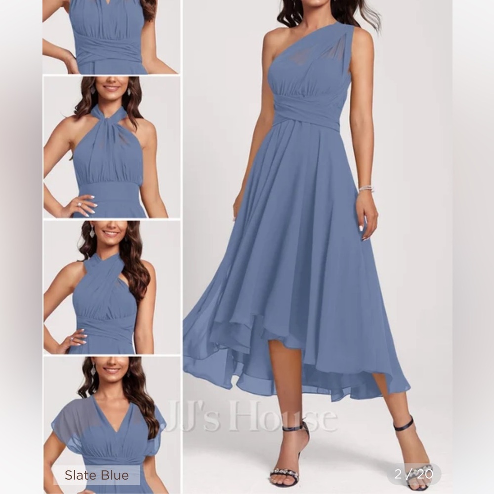 A-line Halter One Shoulder V-Neck Asymmetrical Chiffon Cocktail Dress Slate Blue